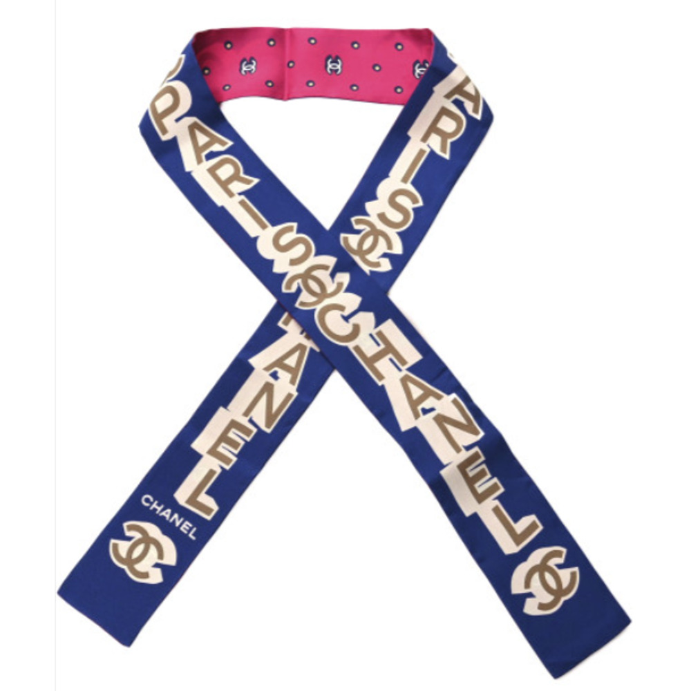 Chanel Silk Twill Slim Bandeau Scarf Blue Ecru Beige
